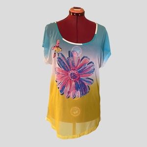 Tricotto Short Sleeves Top with Colourful Big Flower